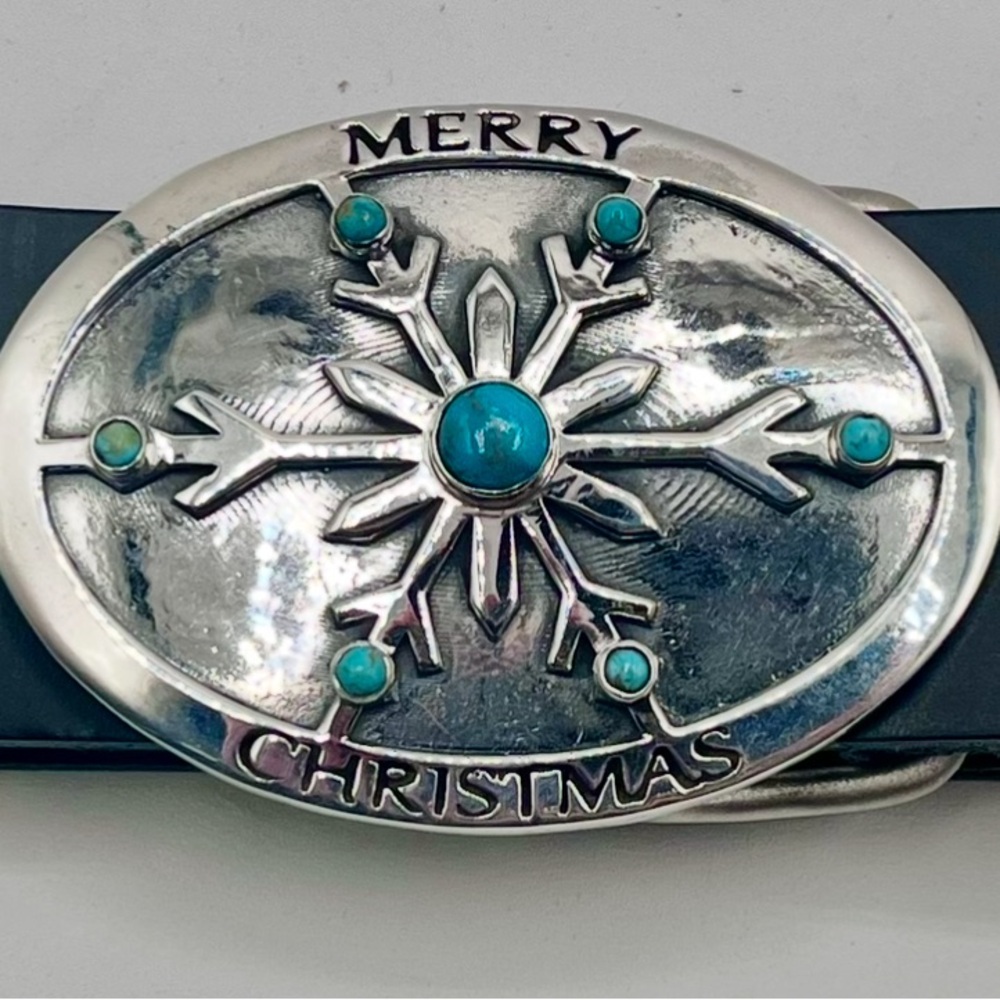 Silver and Turquoise Merry Christmas Belt Buckle
